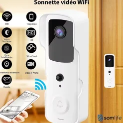 Sonnette portier HD SomLife app tuya smart life autonome sans fils alerte direct smartphone, vision nocture carillon fourni