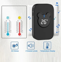 Sonnette sans fil, sonnette électronique étanche 150 m, kit de sonnette et 38 mélodies avec 4 niveaux de volume (noir 1+2)