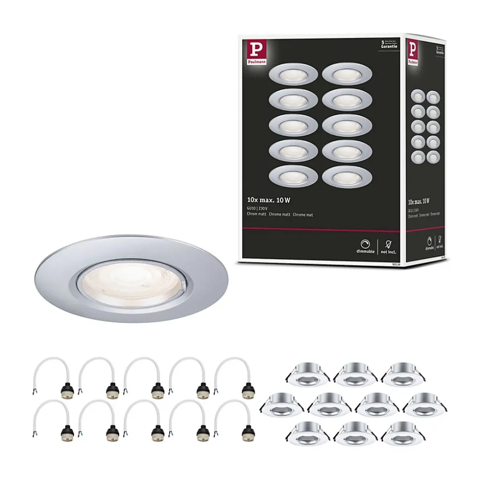 Spot encastré Kit de 10 fixe rond 90mm GU10 max. 10x10W 230V gradable Chrome mat