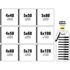 STARBLOCK Coffret de vis Pack Pro 2 200 vis Bois Aggloméré Tête fraisée Torx 9 tailles 1 Porte embouts mousqueton 50 mm
