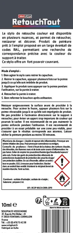 Stylo retouche multisupports coloris noir brillant RAL9005 10ml Soloplast