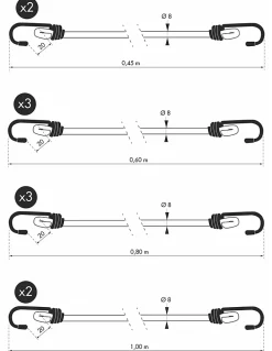 Tube de 12 tendeurs en caoutchouc à crochets, longueurs variées - THIRARD