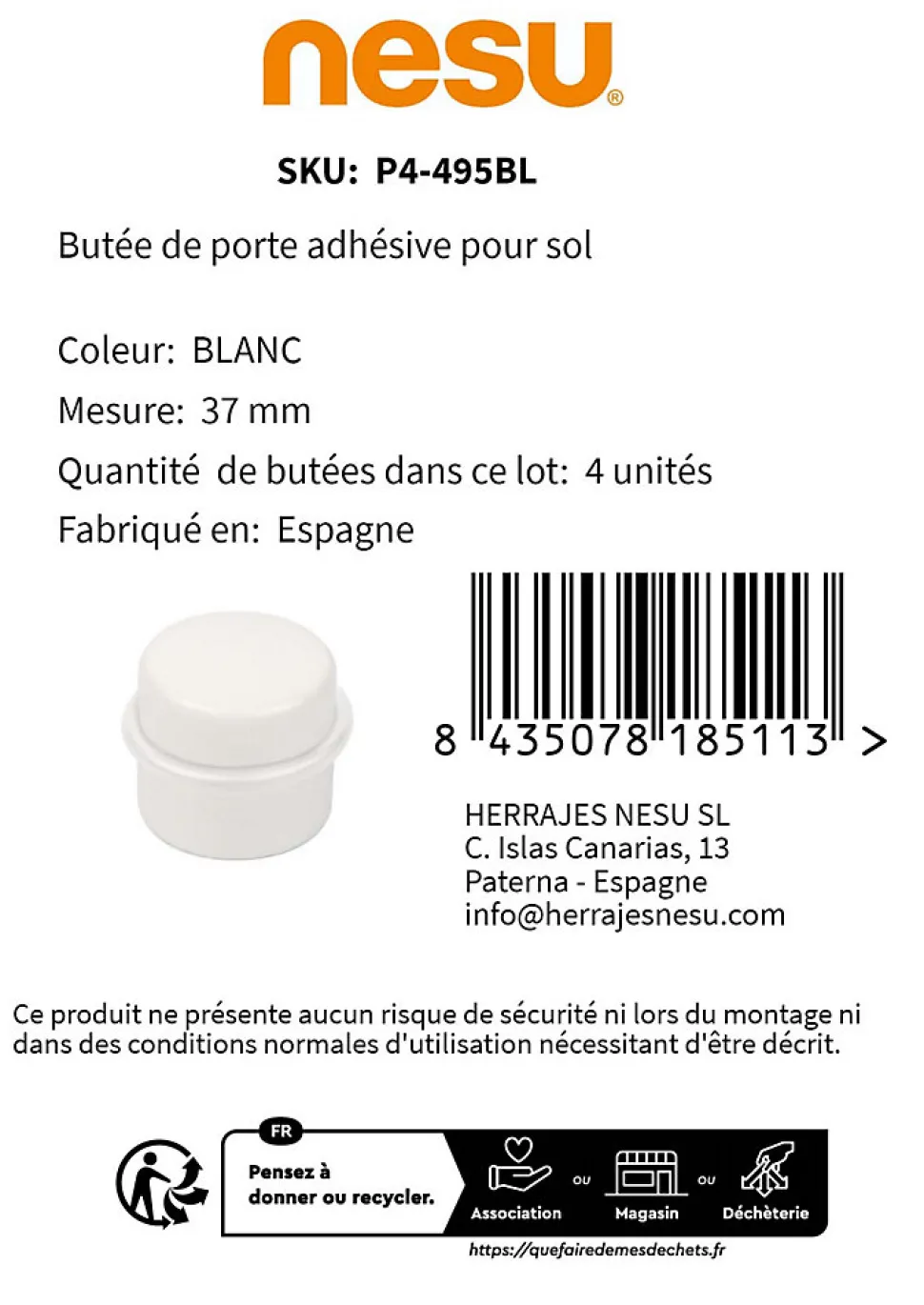 4 Un. Butée de porte adhésive en bois laqué blanc - Diamètre 37MM