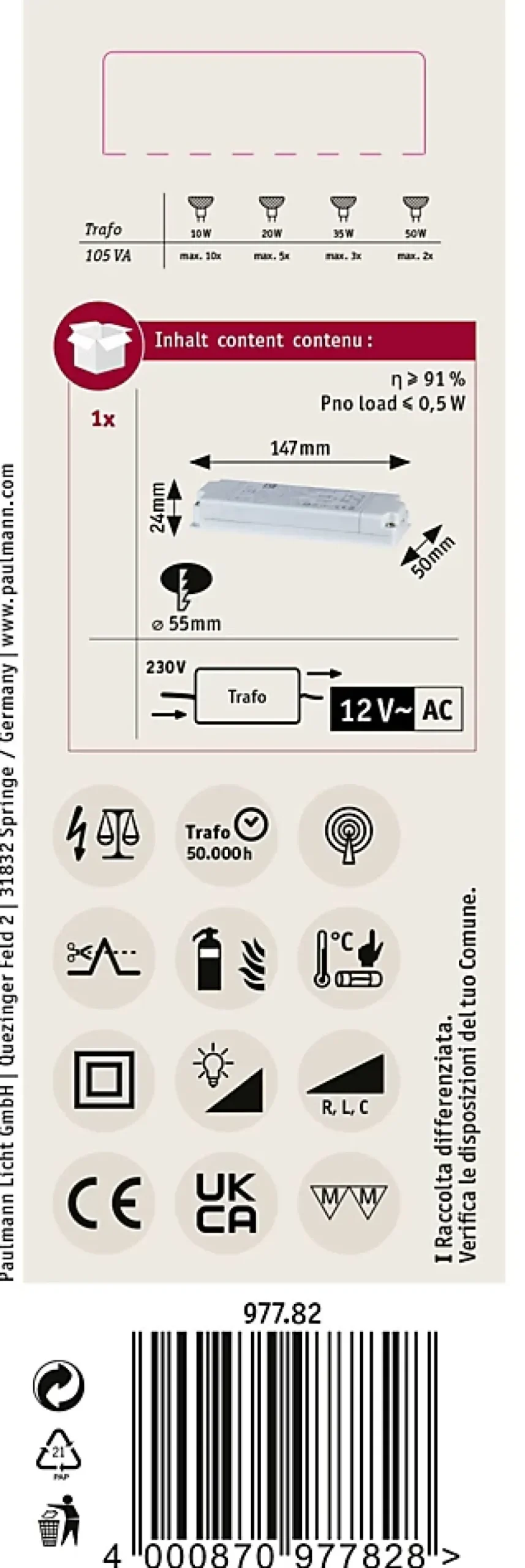VDE Transfo électronique Flat Halogen AC max. 35-105W 230/12V 105VA Blanc