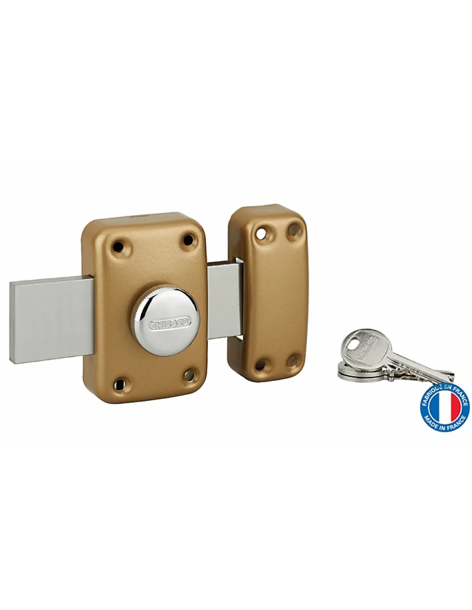 Verrou à bouton Apache pour porte de garage, cylindre 40mm, pêne 160mm, acier, 3 clés, époxy or - THIRARD
