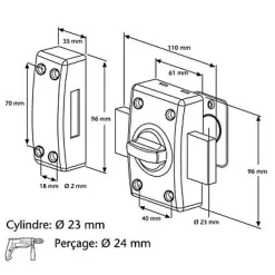 Verrou à bouton avec cylindre ø23 mm / 30 mm Abus