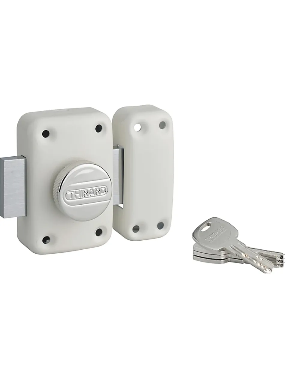 Verrou à bouton Transit 2 pour porte d'entrée, cylindre 50mm, 4 clés, blanc - THIRARD