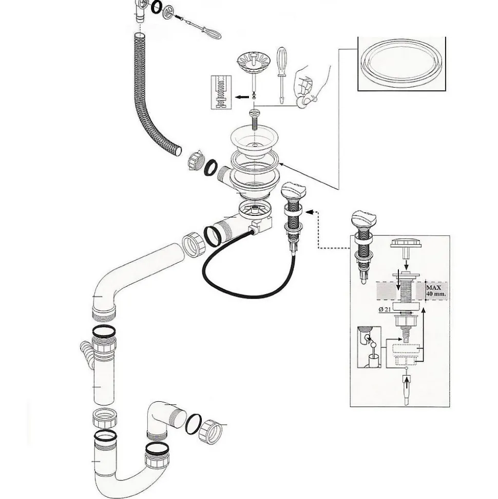Vidage automatique gain de place 1 bac CUIPD013 pour évier granit - Siphon gain de place