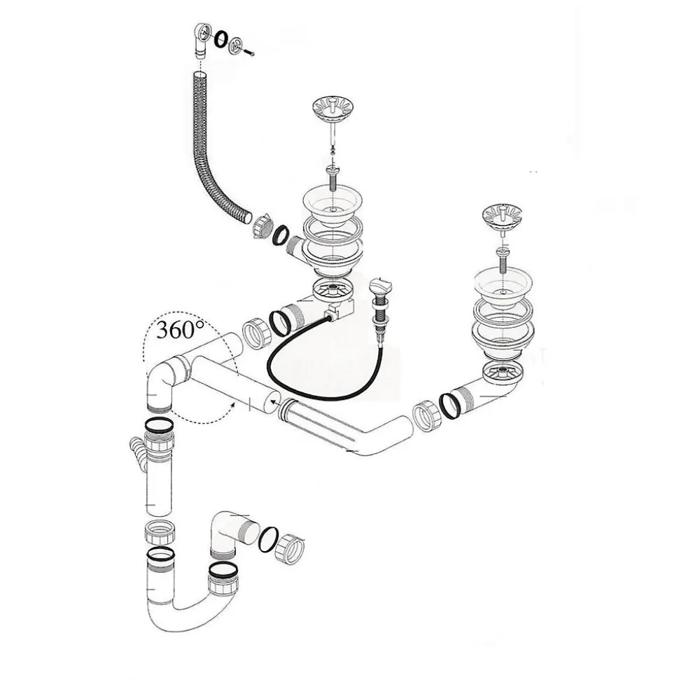 Vidage automatique gain de place CUIPD316 pour évier 2 bacs - Siphon gain de place