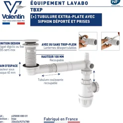 Vidage de lavabo universel avec tubulure extra-plate, siphon déporté, prises Valentin