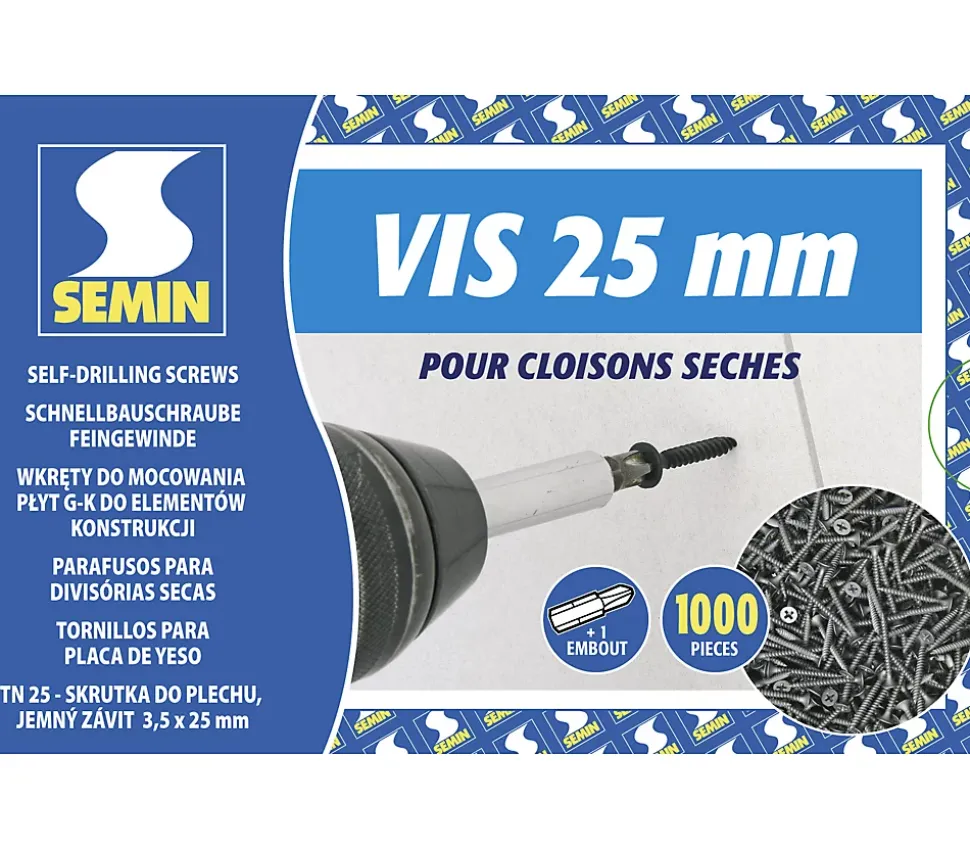 Vis Auto Perceuse 25 mm Semin - Fixation des Plaques de Plâtre sur l'Ossature - Intérieur - Boîte de 1000 Pièces