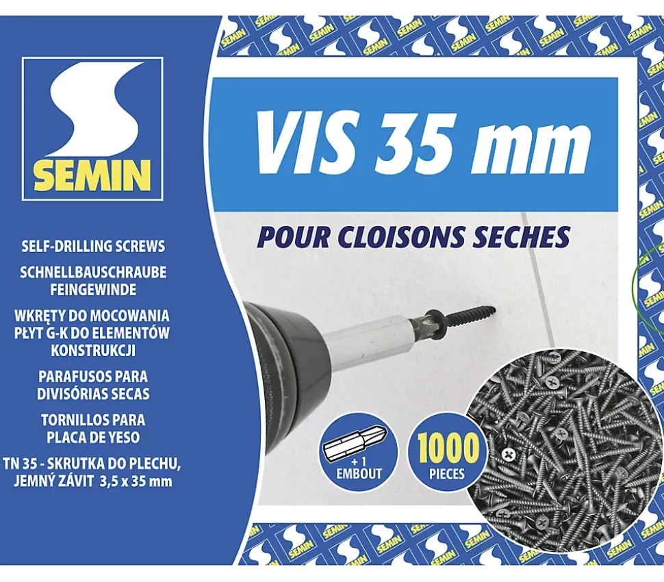 Vis Auto Perceuse 35 mm Semin - Fixation des Plaques de Plâtre sur l'Ossature - Intérieur - Boîte de 1000 Pièces (Lot de 5000)