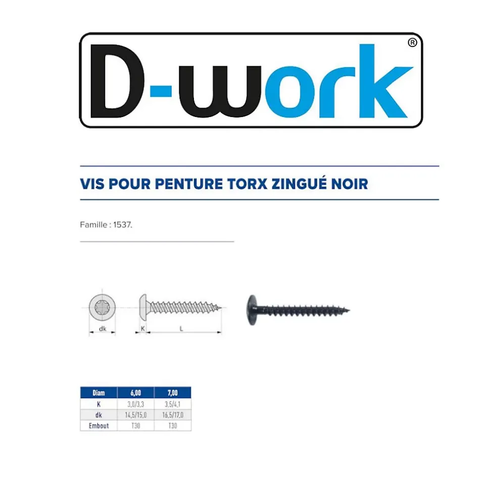 100 Vis Bois pour Penture Torx 7 x 60 mm - Zingué Noir - D-Work
