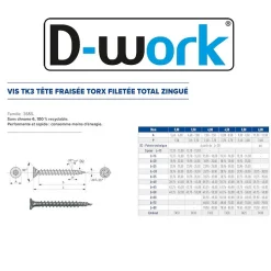 250 Vis Bois TK3 Tête Fraisée Crantée Torx F/Total 6 x 50 mm - Zingué blanc - D-Work