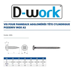 200 Vis Bois Tête Cylindrique Pozidriv 4 x 20 mm - Inox A2 - D-Work