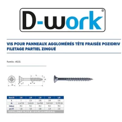 250 Vis Bois Tête Fraisée Pozidriv F/Partiel 4.5 x 70 mm - Zingué blanc - D-Work