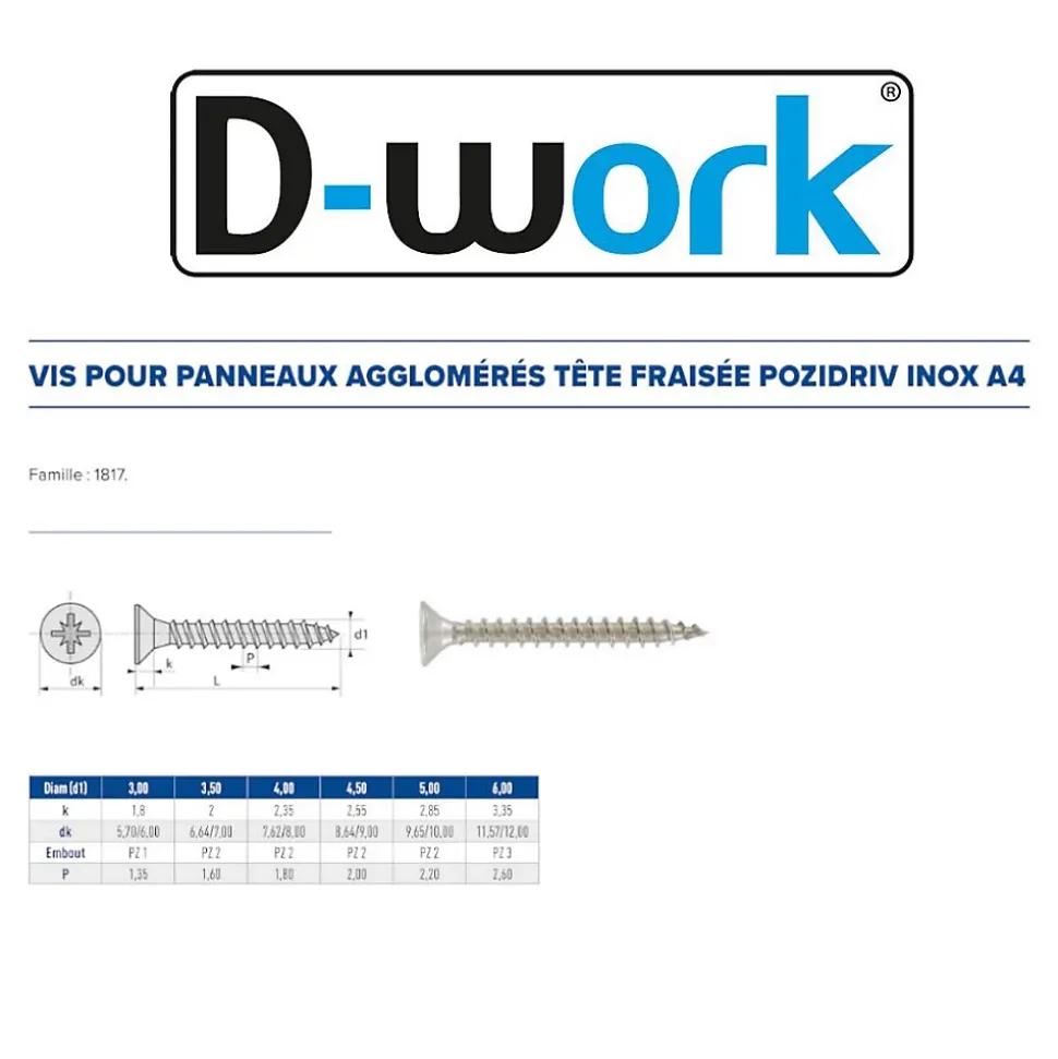 200 Vis Bois Tête Fraisée Pozidriv 4.5 x 60 mm - Inox A4 - D-Work