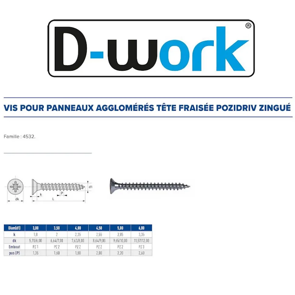 500 Vis Bois Tête Fraisée Pozidriv 3 x 40 mm - Zingué blanc - D-Work