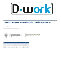 200 Vis Bois Tête Fraisée Torx T20 3.5 x 30 mm - Inox A2 - D-Work