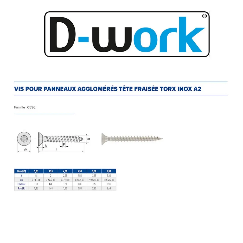 200 Vis Bois Tête Fraisée Torx T20 3.5 x 30 mm - Inox A2 - D-Work