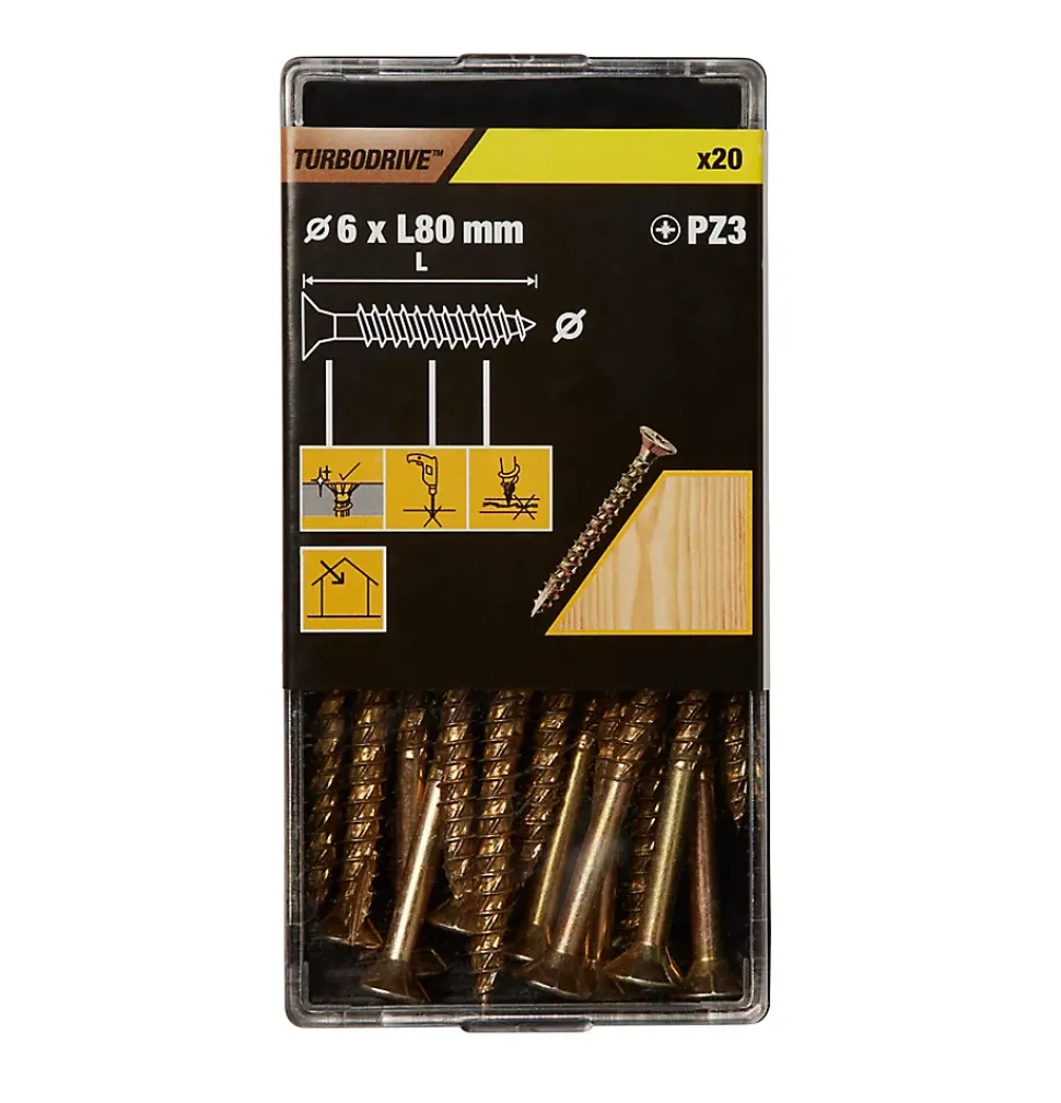 Vis à bois Turbodrive Premium pozidriv zinguée jaune 6x80 mm - 20 pièces