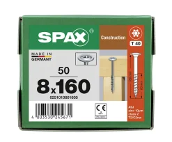 Vis de charpente tête ronde Spax Wirox 8 x 160 mm filetage partiel - 50 pièces