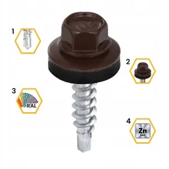 Vis de toiture Klimas WFD pour tôle trapézoïdale sur bois RAL 8017 Brun chocolat 4,8x25 mm 250 pièces