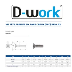200 Vis Métaux Tête Fraisée 6 Pans Creux FHC 3 x 30 mm - DIN 7991 - Inox A2 - D-Work