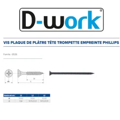 200 Vis Plaque de Plâtre Trompette Phillips D. 4.8 x 110 mm - Phosphaté noir - D-Work