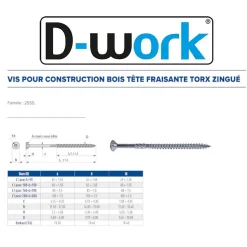 100 Vis pour Construction Bois Tête Fraisante Torx T30 6 x 150 mm - Zingué blanc - D-Work