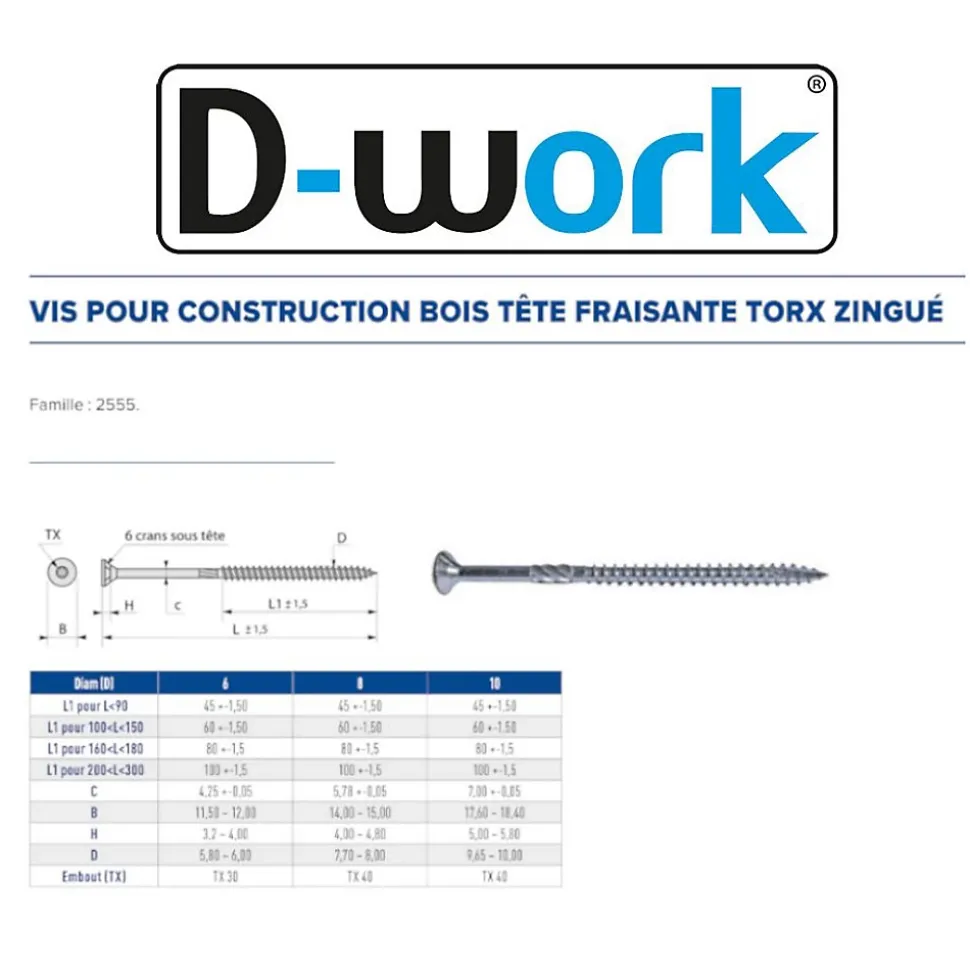 50 Vis pour Construction Bois Tête Fraisante Torx T40 10 x 160 mm - Zingué blanc - D-Work